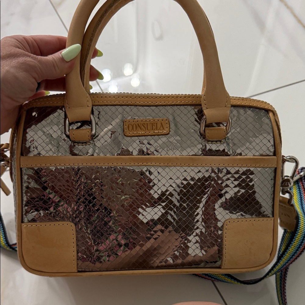 Consuela Metallic and Tan Crossbody Bag